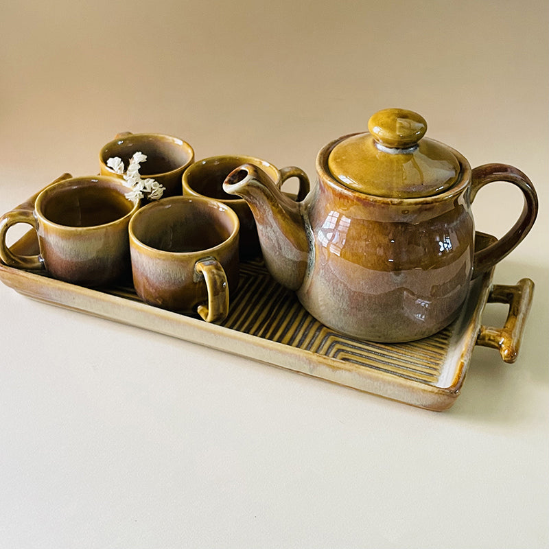 Solace Brew Ceramic Tea Set With Tea Pot & Tray (650 mL/160 mL) - Six Piece Set media 7