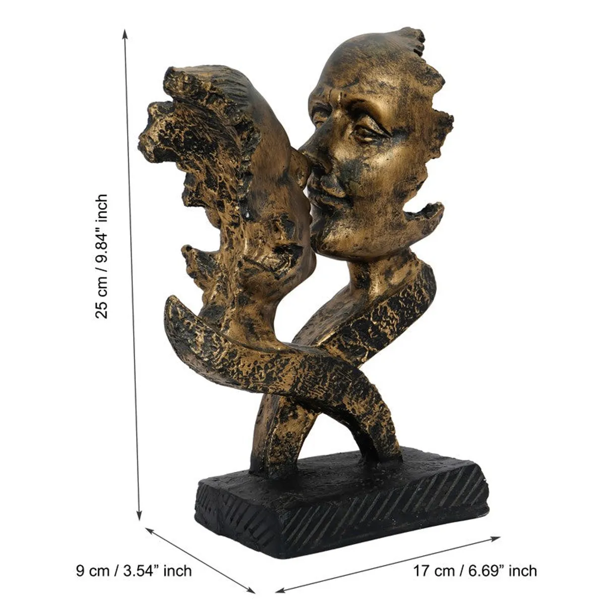Gold-toned abstract face showpiece with visible dimensions on image