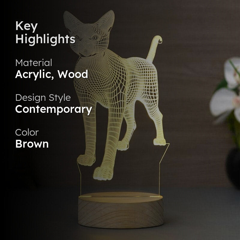 Meow Luminance LED Acrylic Table Lamp With Wooden Base - Brown media 2