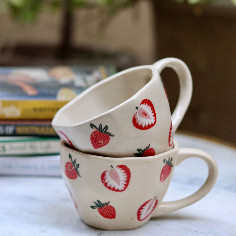 Strawberry Ceramic Tea Cup (200 mL Each) - Set of Two - 200 ML