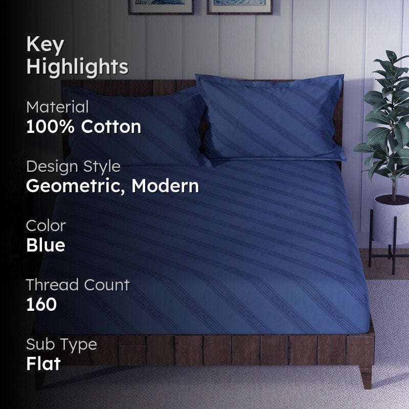 Nautica Diagonal Drift Geometric Cotton Bedsheet (Blue) - 160 TC media 2