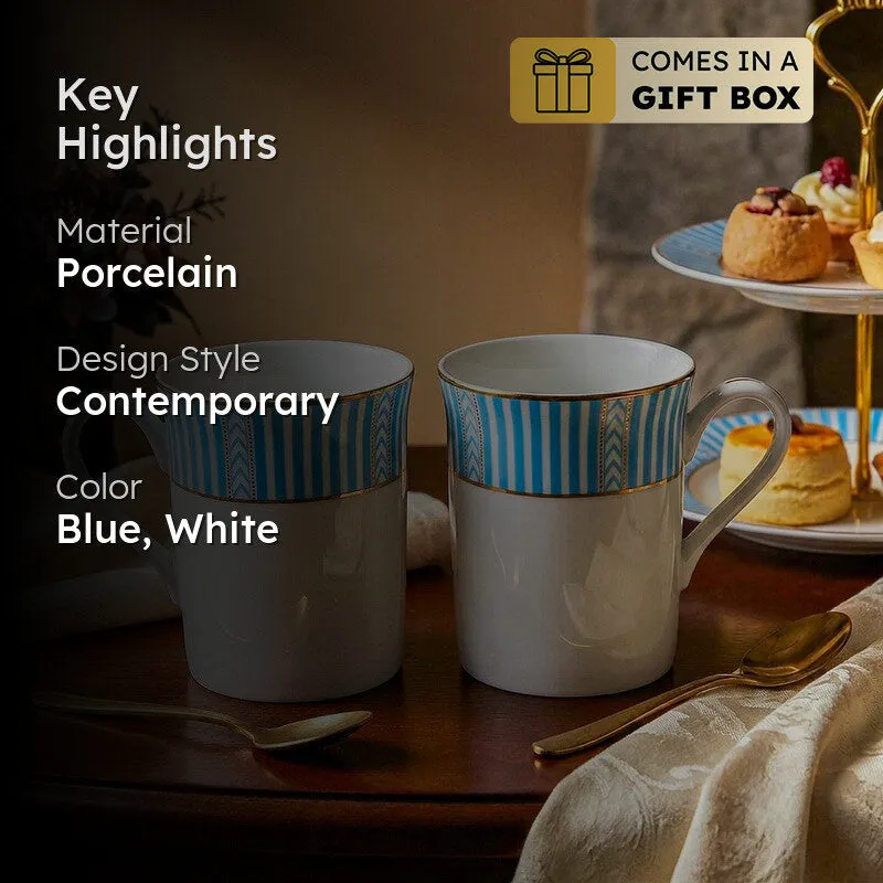 Stripe Classic 24k Gold Brushed Porcelain Coffee Mug (Blue/300 mL Each) - Set Of Four media 2