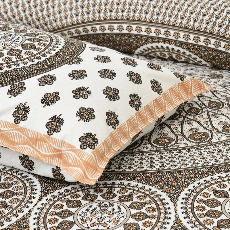 Aavani Ethnic Cotton Flat Bedsheet (White & Brown) - 160 TC media 5