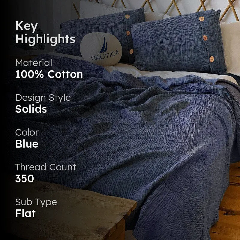 Nautica Champagne Whisper Solid Cotton Bedsheet (Blue) - 350 TC media 2