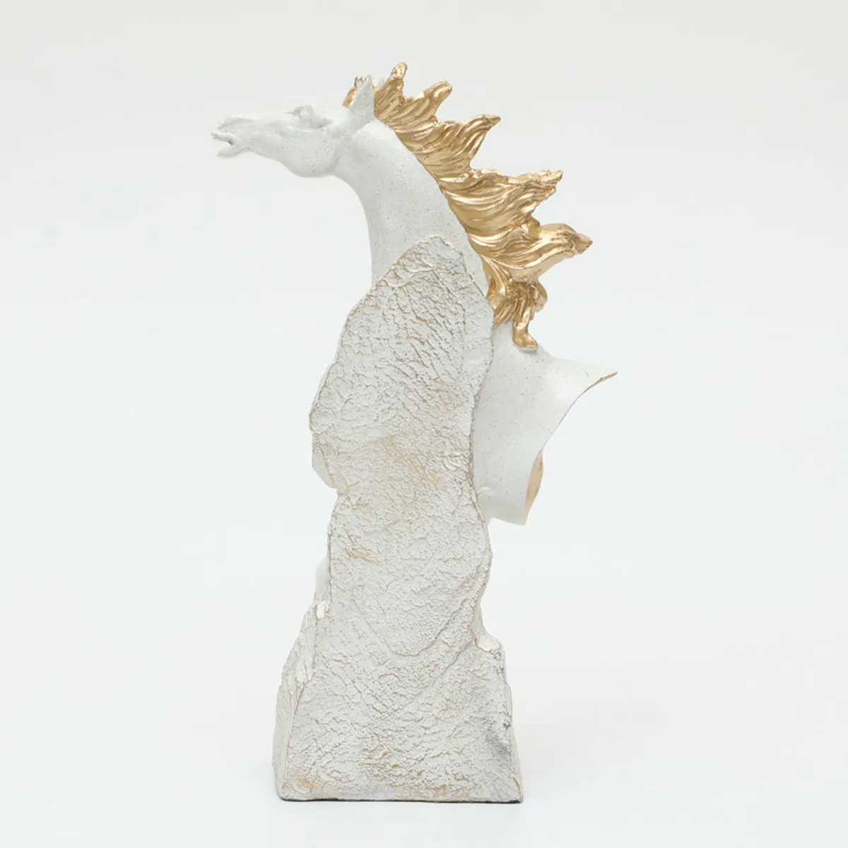 Rear angled view of the textured white horse showpiece with gold mane
