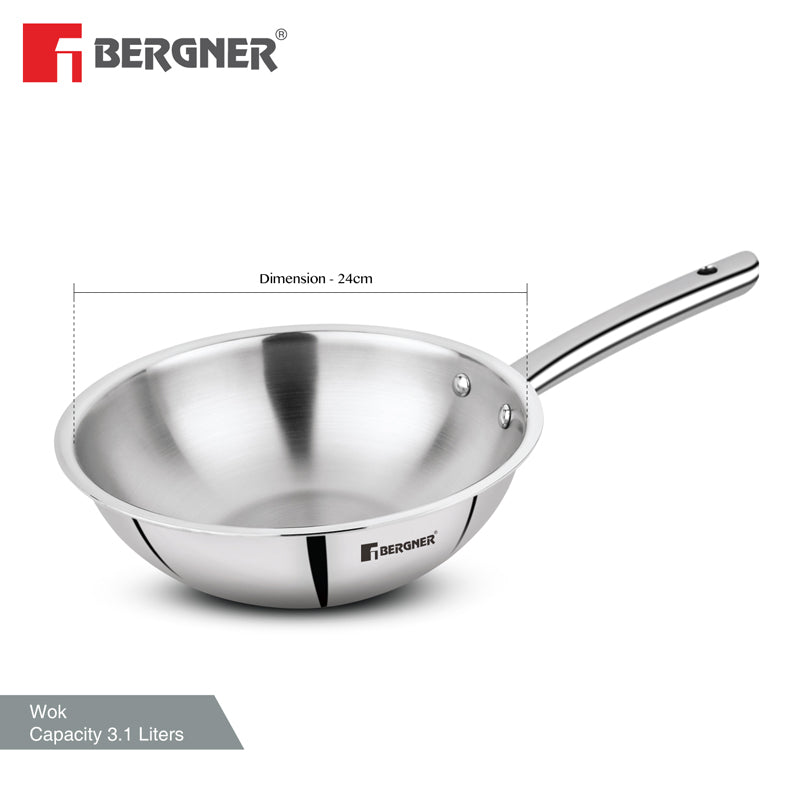 Bergner Tripro Triply Stainless Steel Wok With Lid - 2800 ML image 8