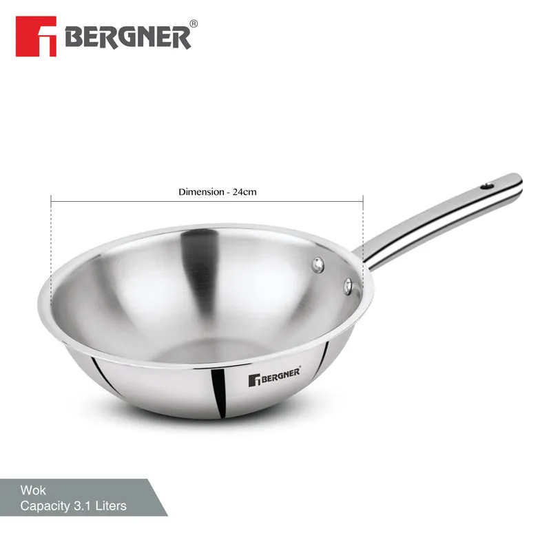 Bergner Tripro Triply Stainless Steel Wok With Lid - 2800 ML media 8