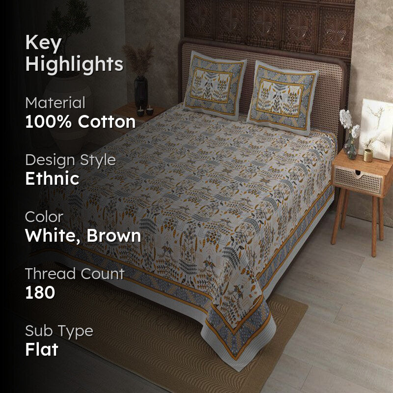 Hara Ethnic Cotton Bedsheet (White,Brown) - 180 TC media 2