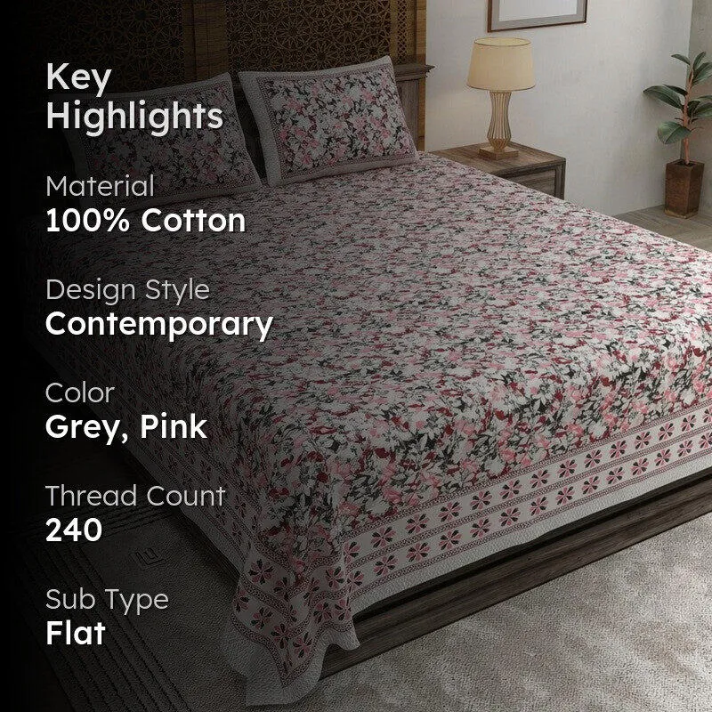 Rangix Cotton Bedsheet (Grey,Pink) - 240 TC media 2