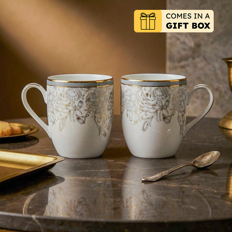 Gilded Iris Coupe 24k Gold Brushed Porcelain Coffee Mug(280 mL Each/Grey) - Set Of Four