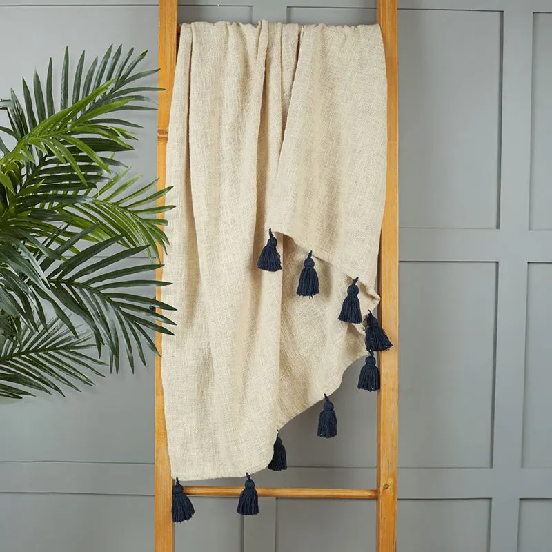 Tassura Tasselled Cotton Throw - Navy Blue media 1