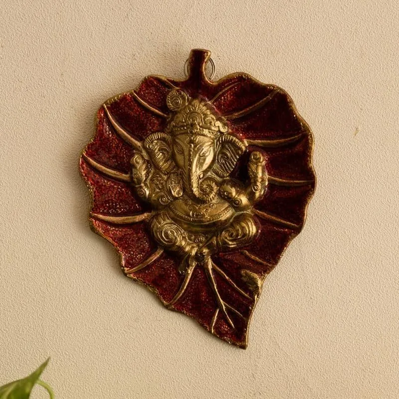 Lord Ganesha On Red Leaf Idol Metal Wall Accent media 1