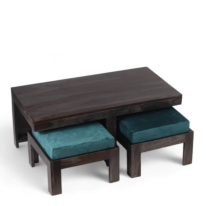 Drexon Sheesham Wooden Center Table with Stools (Deep Brown,Blue) - Five Piece Set media 3