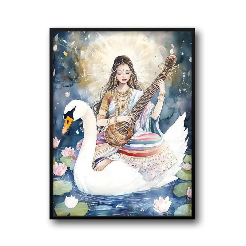 Vidya Swarupini Spiritual Archival Paper Wall Painting With Frame - Black media 5