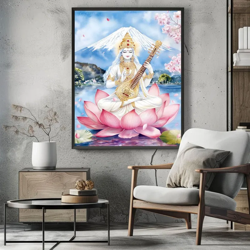 Padmasana Saraswati Spiritual Archival Paper Wall Painting With Frame - Black media 3