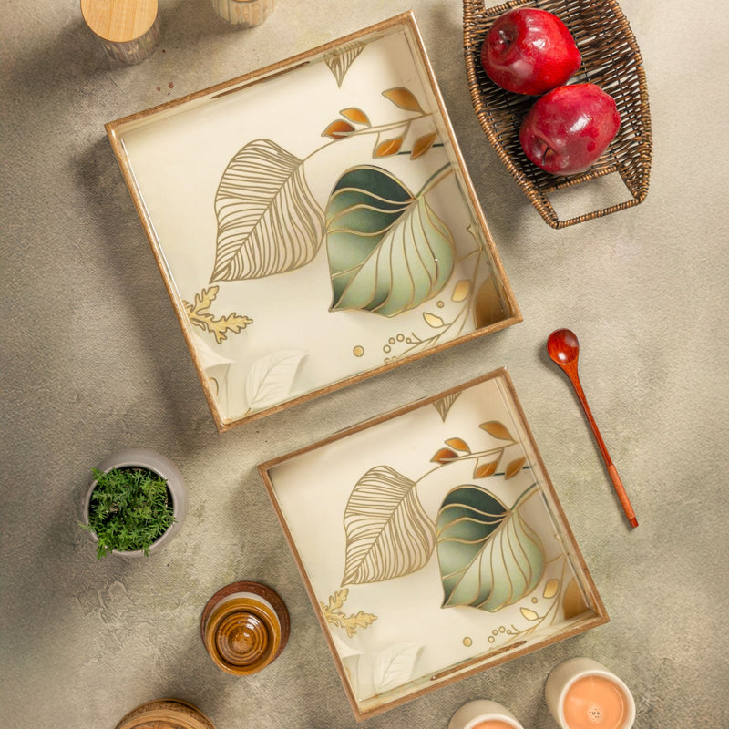 Golden Leaves Square Serving Tray - Set Of Two