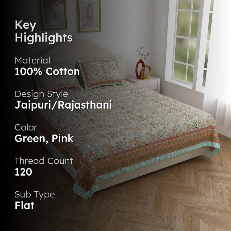 Royal Pattern Cotton Bedsheet (Green,Pink) - 120 TC media 2