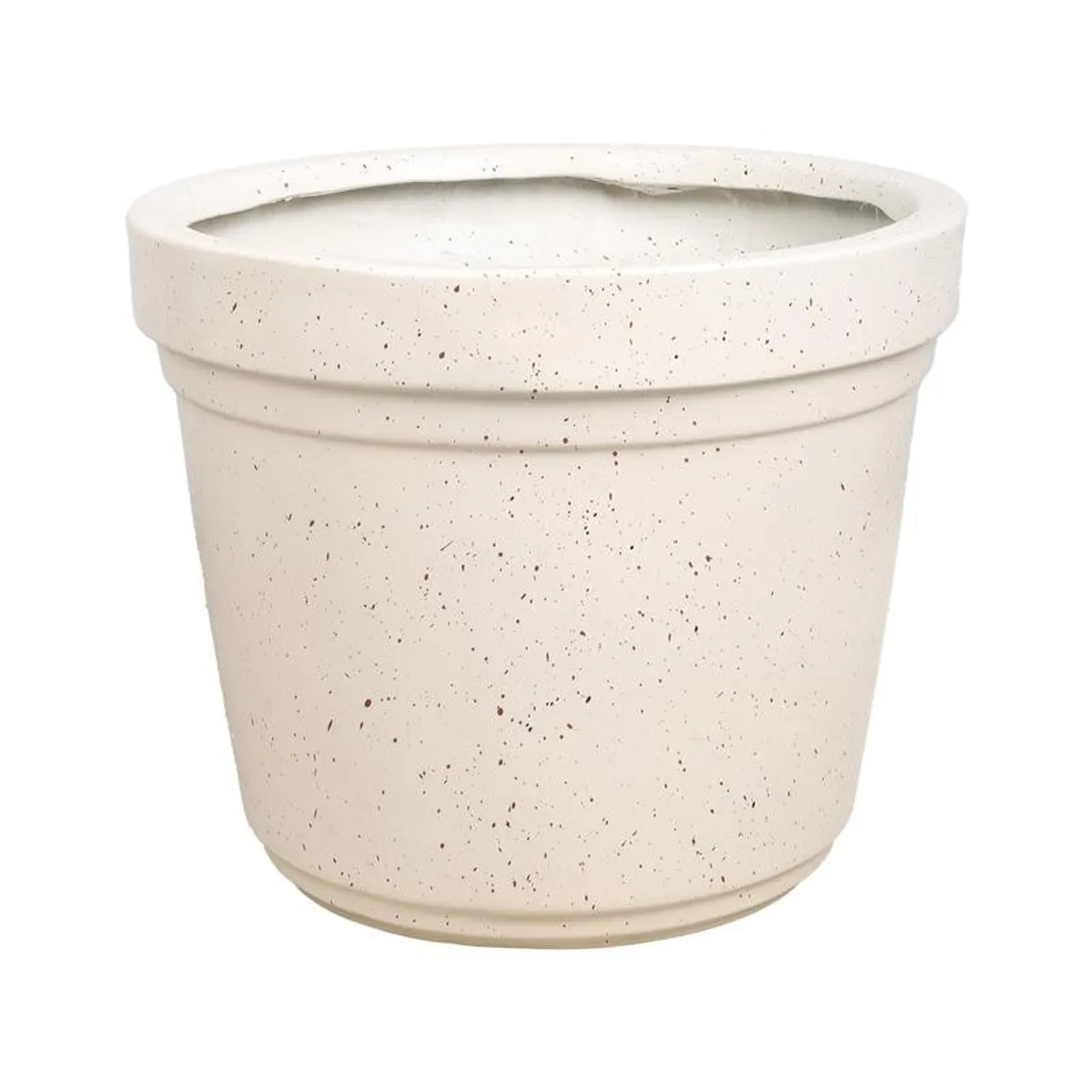 Close-up of the off-white speckled planter with a raised rim