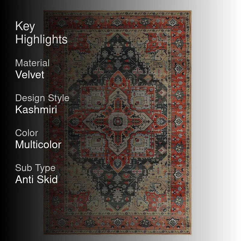 Multicolour rectangular carpet with key highlights text overlay