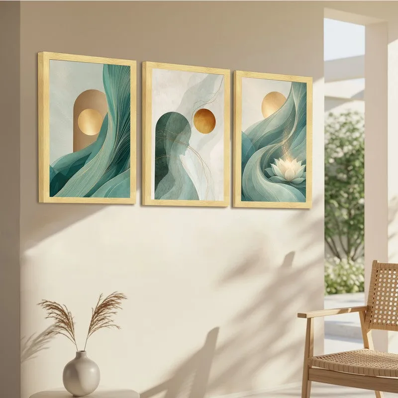 Teal & Terrene Paper Wall Painting With Frame - Set Of Three media 6