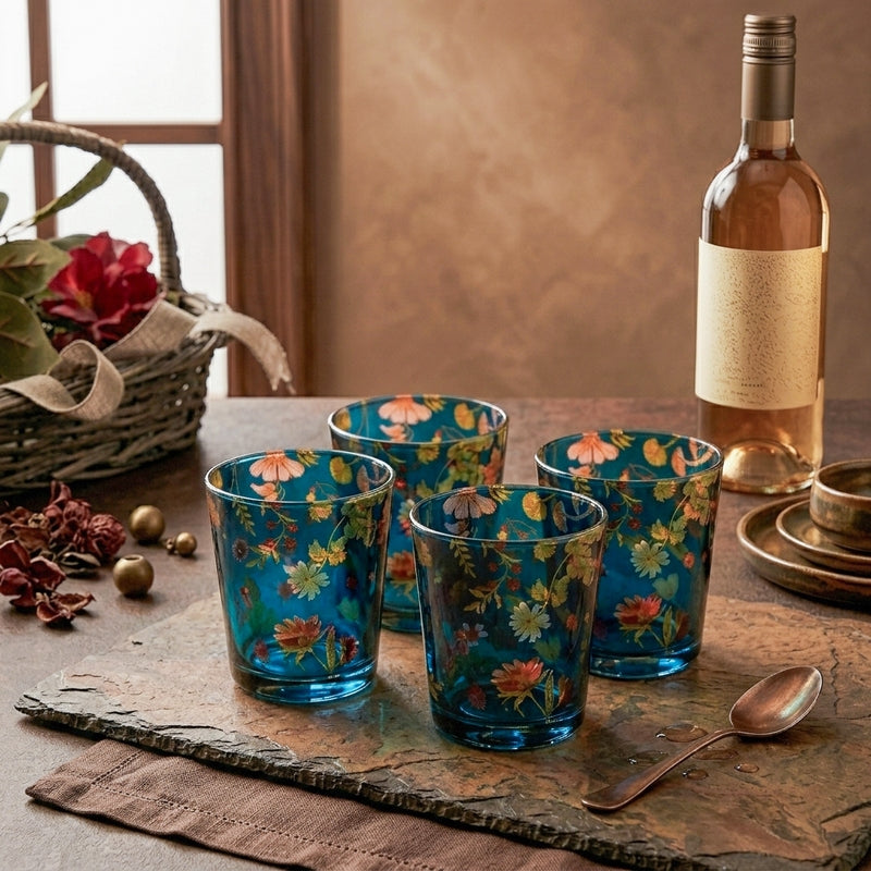 Floral Bliss Blue Glass Tumbler - Set Of Four media 4