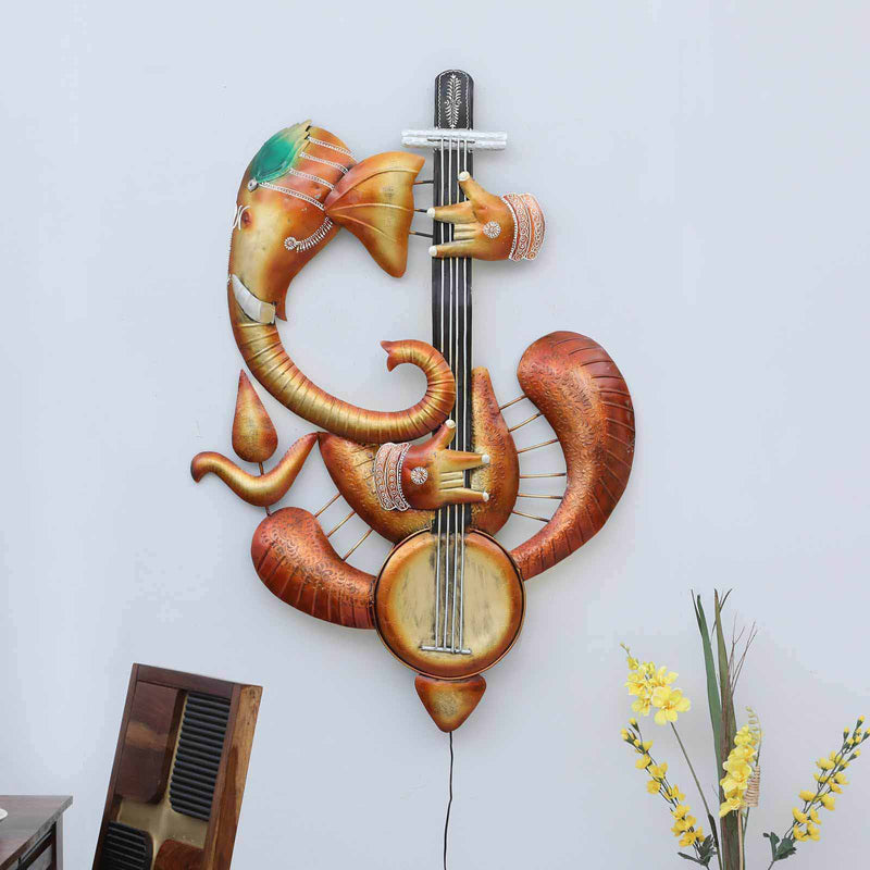 Ganesha with Veena Iron Wall Accent