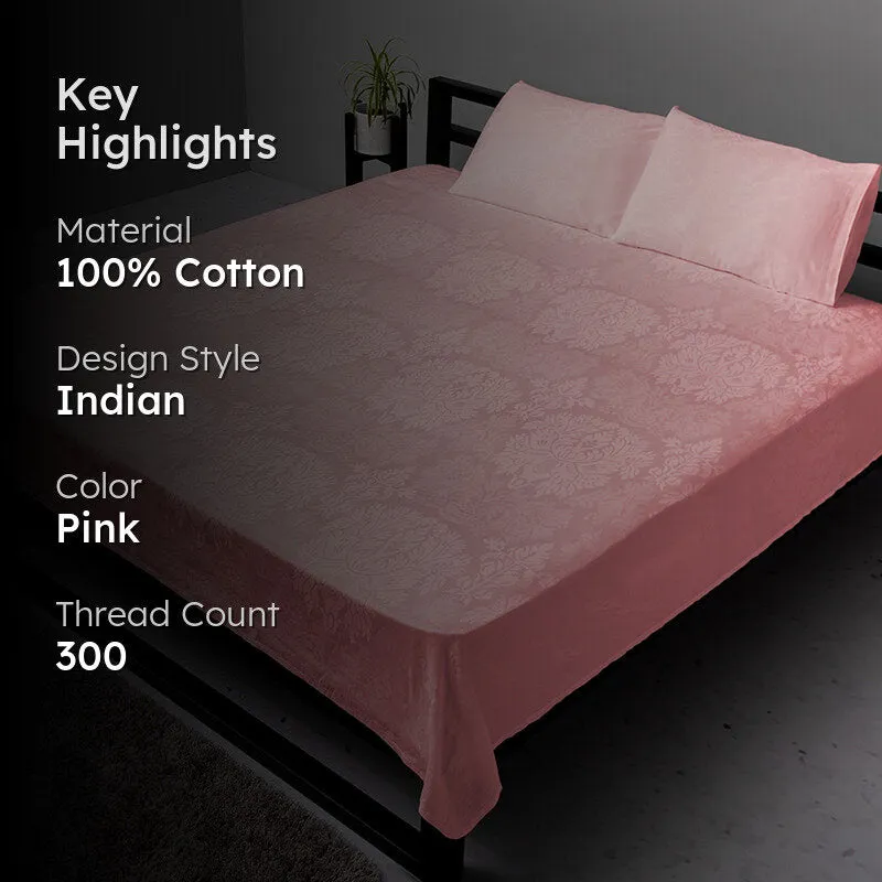 Pink floral duvet cover on a bed with a key highlights graphic beside it.