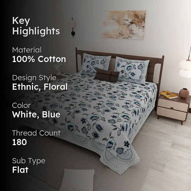 Aishaani Ethnic Cotton Bedsheet (White,Blue) - 180 TC media 2