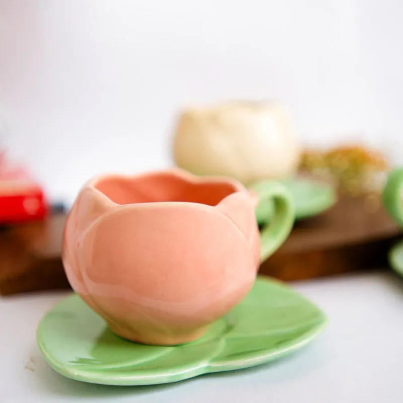 Tulip Glaze Pink & Green Mug & Saucer (300 Ml) - Two Piece Set media 4