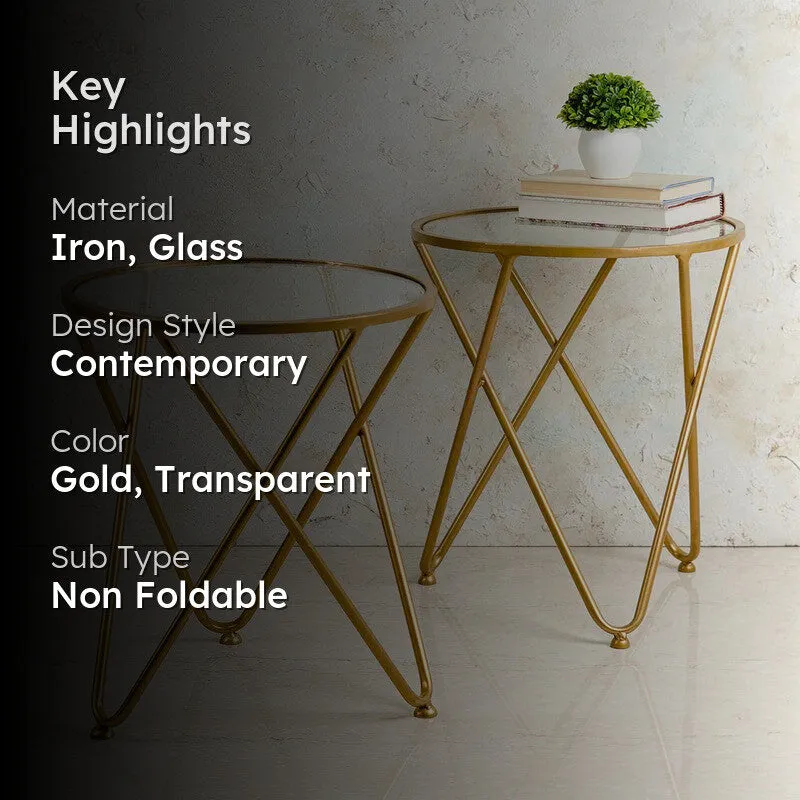 Key highlights graphic showing gold glass accent tables