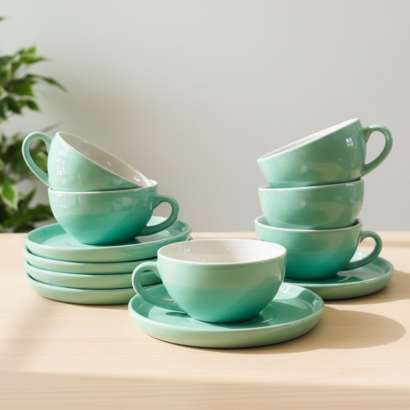 Ceramic Cup & Saucer (Sage Green/240 mL Each) - Set of Six