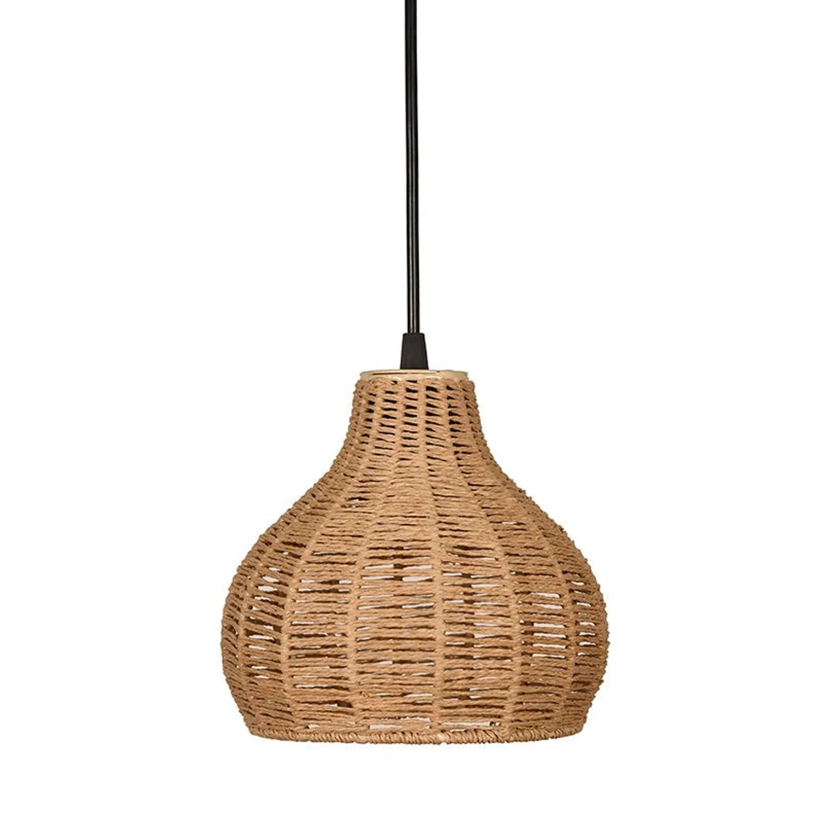 Front view of a beige raffia bottle-shaped ceiling pendant lamp on a white background.
