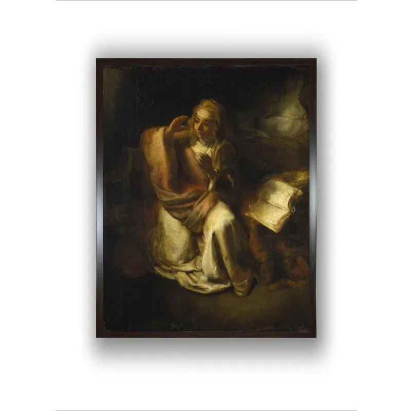 Straight-on view of framed classical painting with soft shadow on white background