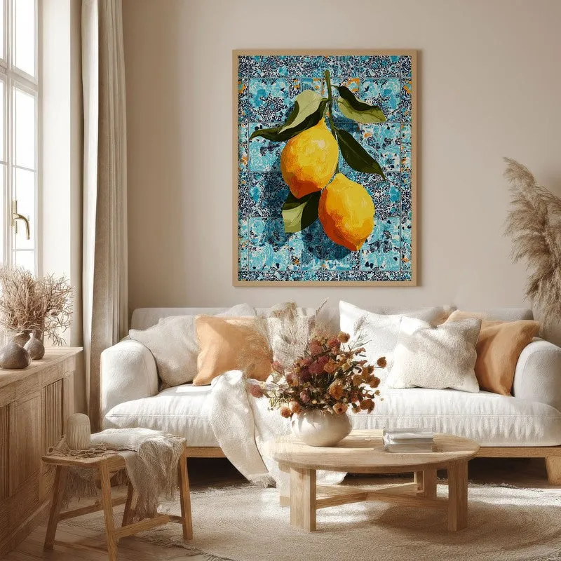 Zestara Lemon Foliage Canvas Wall Painting With Brown Frame media 1