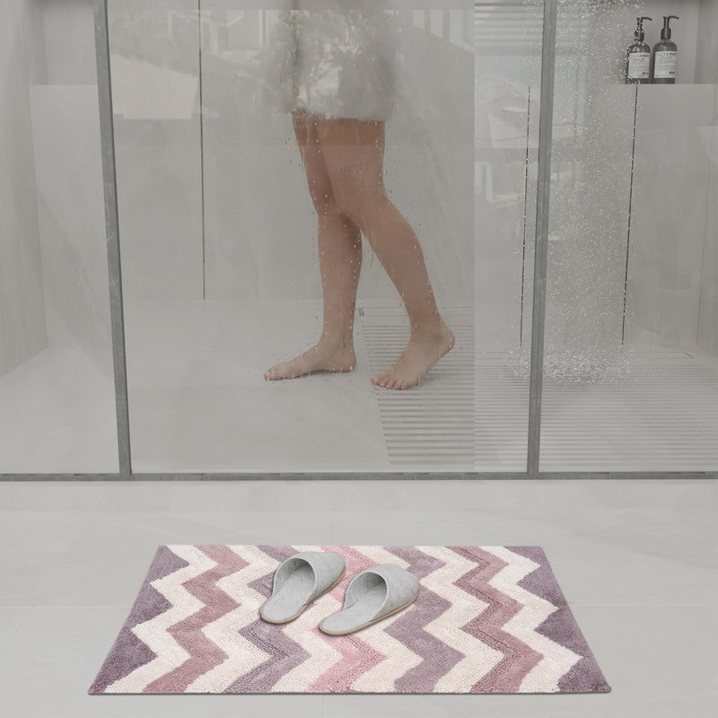 Steplyn Chevron Cotton Bath Mat - Pink & Off White media 4