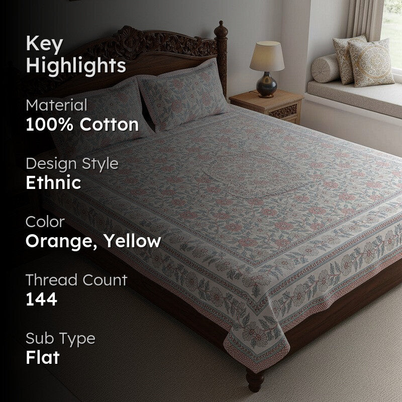 Niagra Floral Cotton Bedsheet (Orange) -144 TC media 2