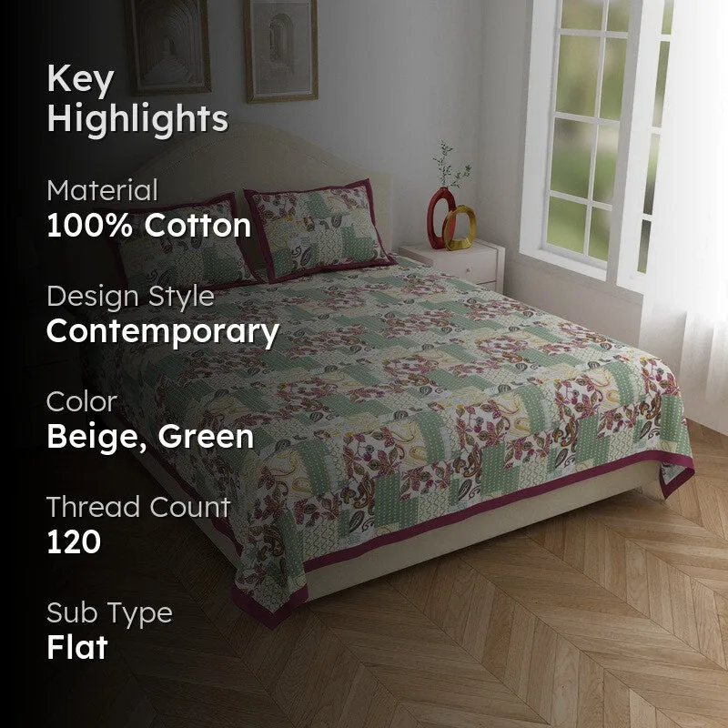 Ethnic Nest Cotton Bedsheet (Beige,Green) - 120 TC media 2