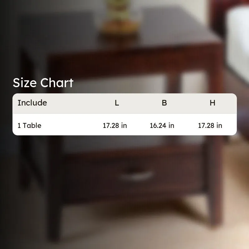 Dark brown wooden bedside table shown softly in the background.