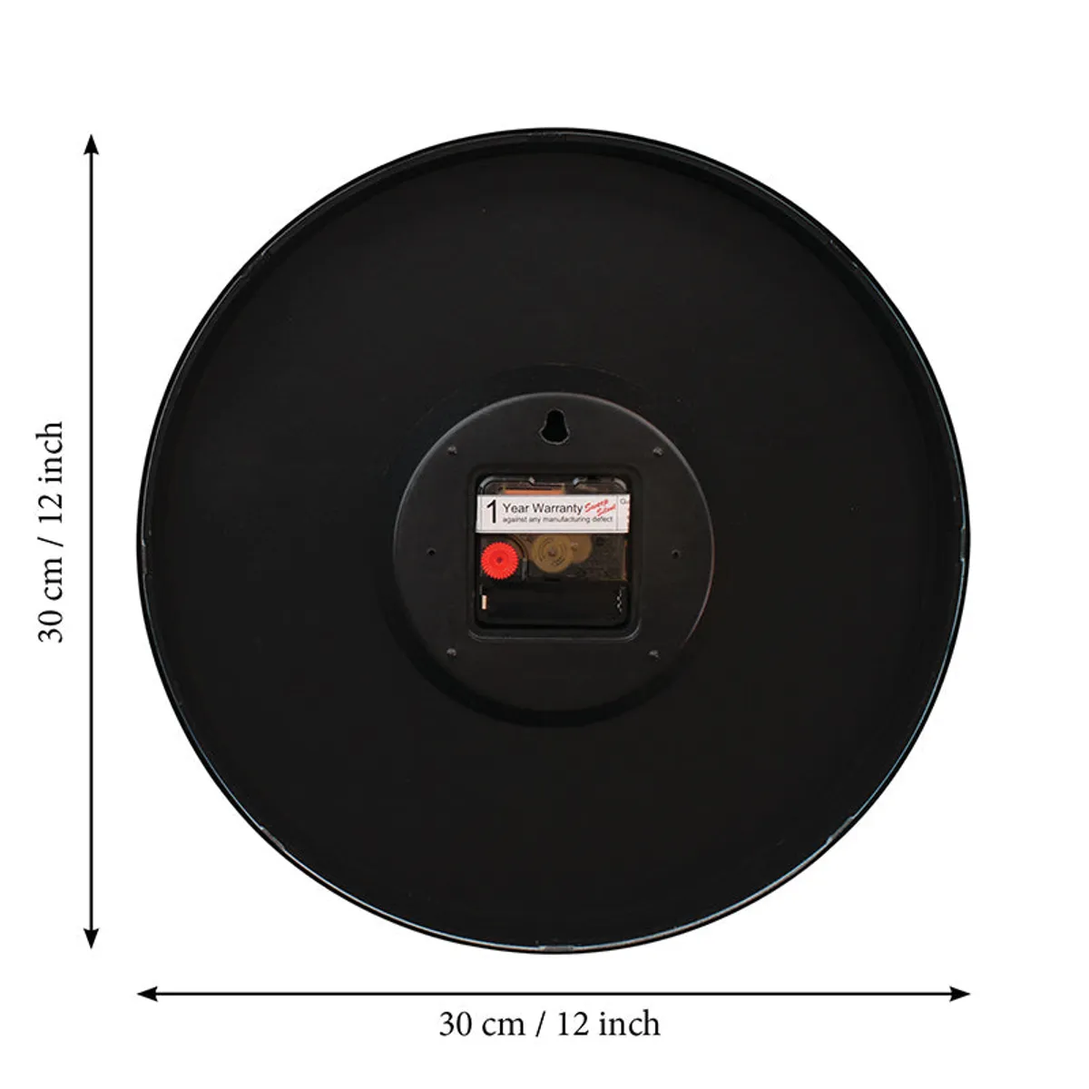 Back view of the round wall clock showing its black rear casing