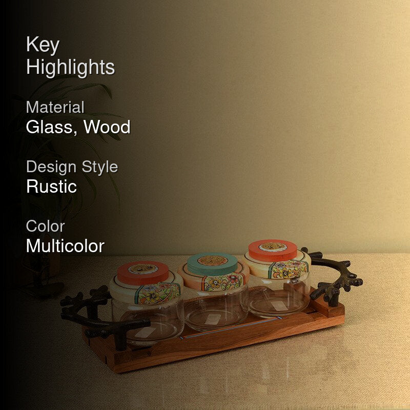Ulka Glass Jar Set (150 mL Each) With Wooden Tray - Four Piece Set media 2