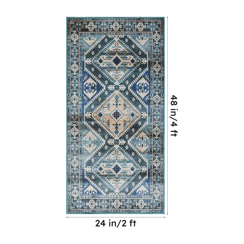 Blue and white rectangular carpet shown with 24-inch by 48-inch dimensions