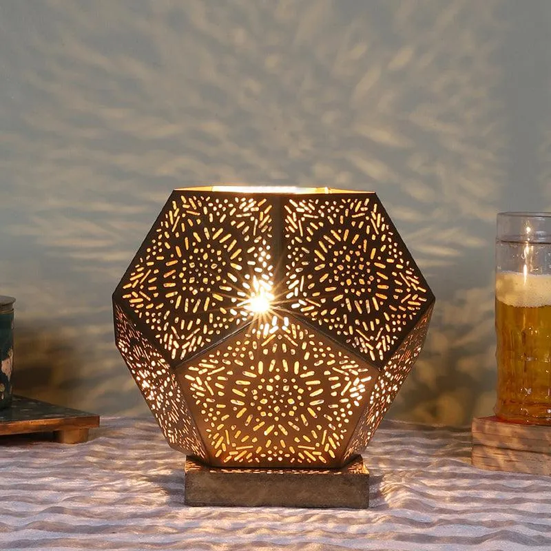 Hexa Flora Etched Metal Table Lamp With Wooden Base - Gold media 1