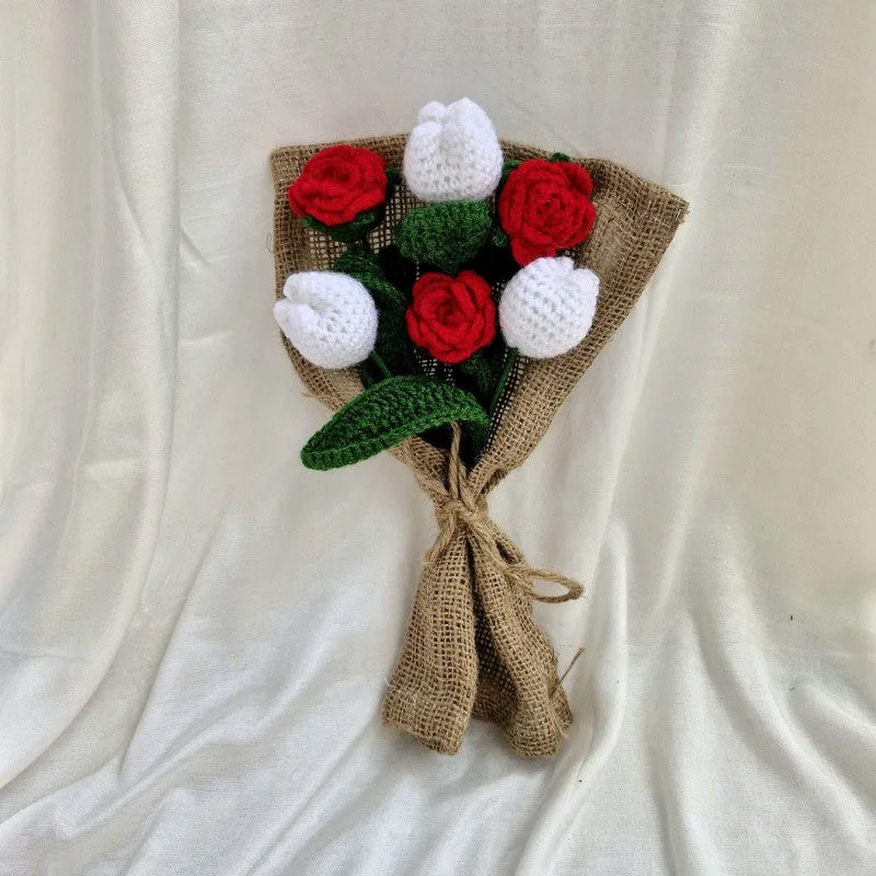 Crochet Handmade Rose Bouquet (Red,White) - Set Of Six media 3