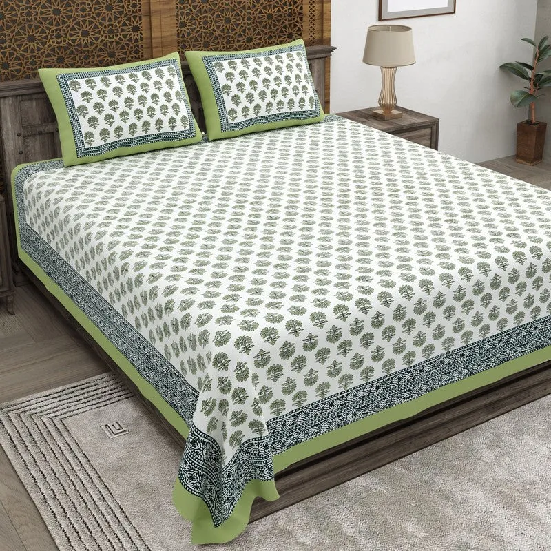 Designio Cotton Bedsheet (Green,White) - 240 TC media 1