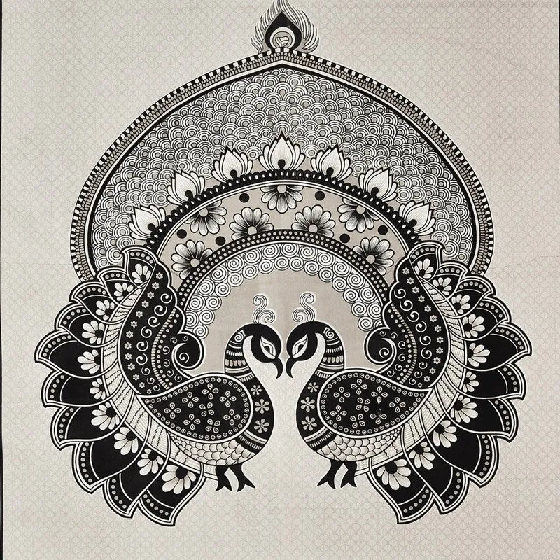 Detailed view of the central black and white peacock motif