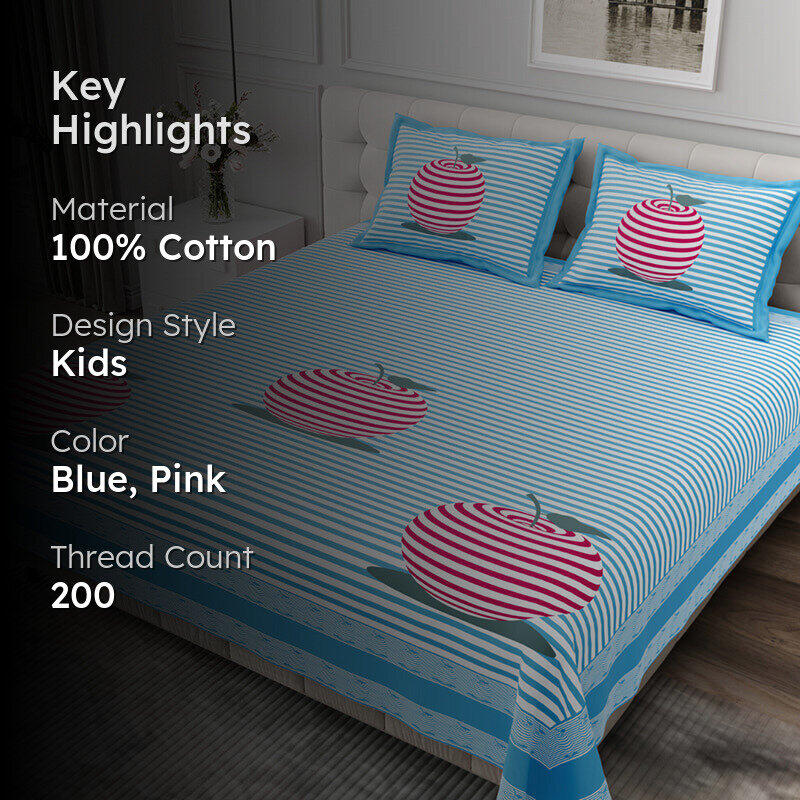 Illusion Stripey Cherry Cotton Bedsheet (Blue) - 200 TC media 2