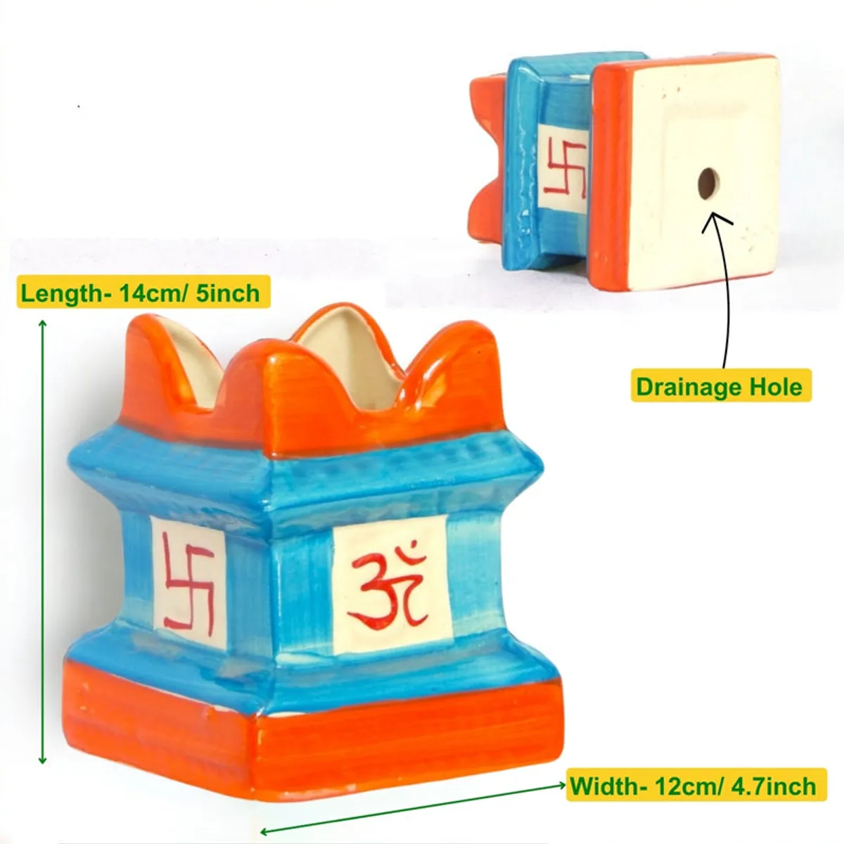 Blue and orange Tulsi ceramic planter shown from the side with its base visible.