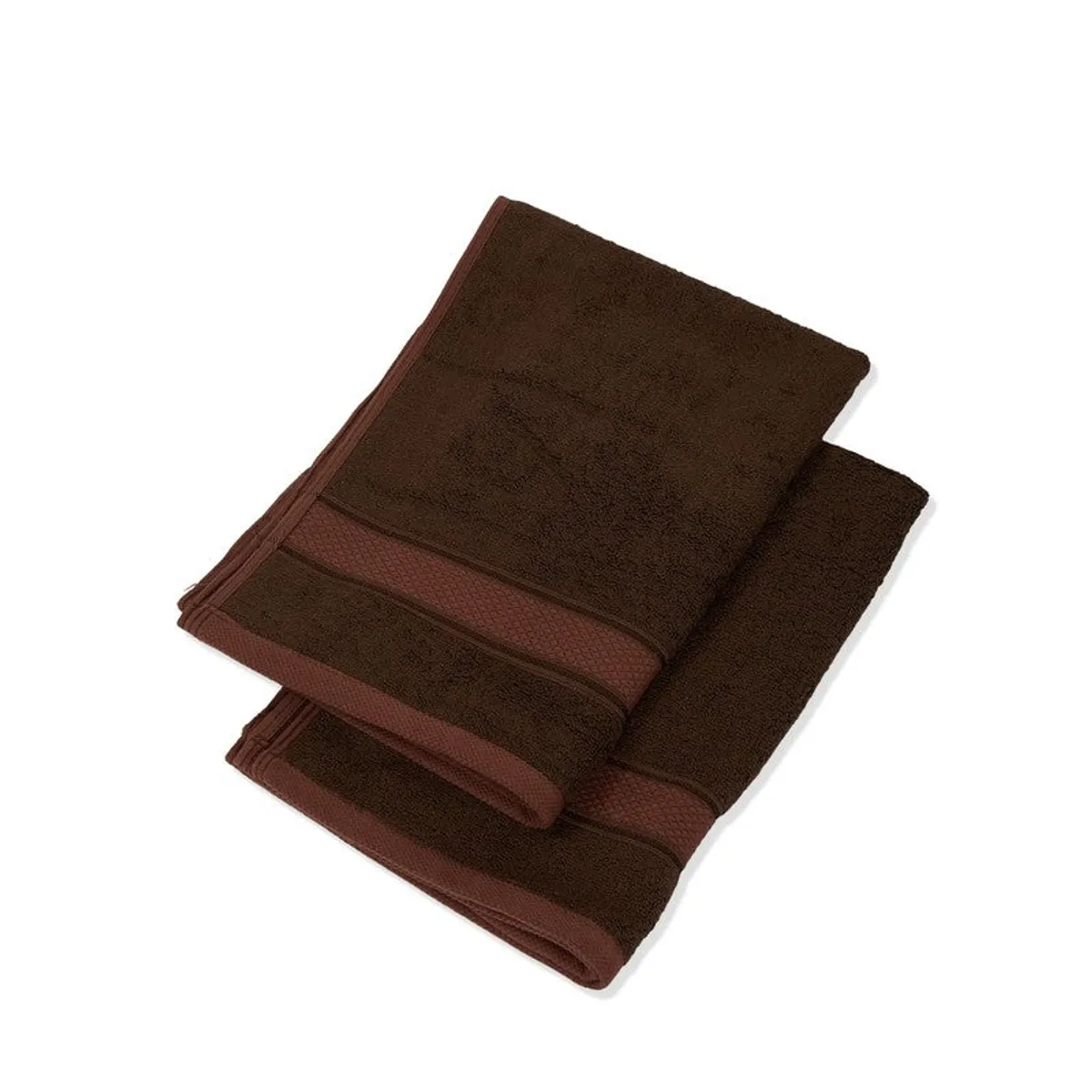 Two overlapping brown hand towels folded on a white background