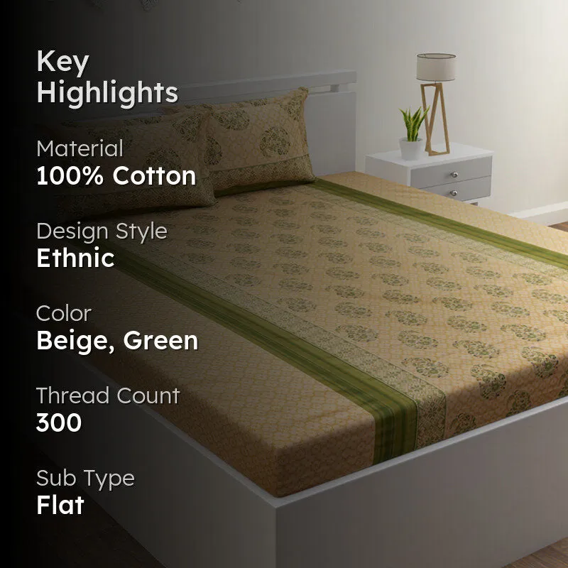 Nitya Printed Cotton Bedsheet (Beige) - 300 TC media 2