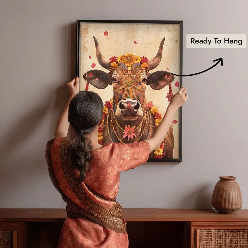 Divine Cow Traditional Canvas Wall Painting With Black Frame media 9